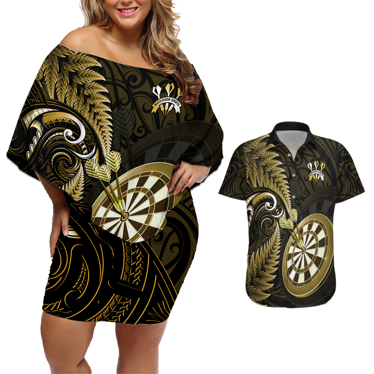 Personalised New Zealand Darts Couples Matching Off Shoulder Short Dress and Hawaiian Shirt Happiness Is A Tight Threesome Maori Gold - Wonder Print Shop