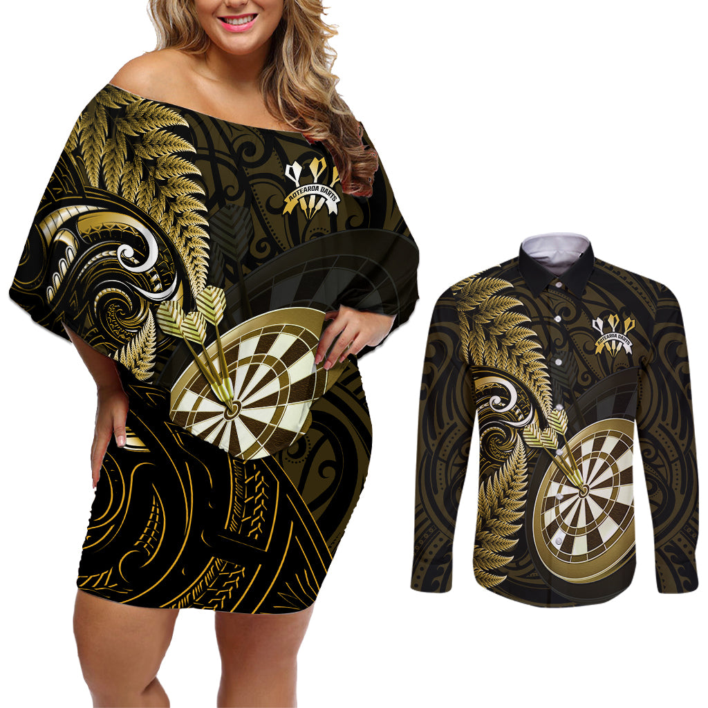 Personalised New Zealand Darts Couples Matching Off Shoulder Short Dress and Long Sleeve Button Shirts Happiness Is A Tight Threesome Maori Gold - Wonder Print Shop