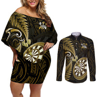Personalised New Zealand Darts Couples Matching Off Shoulder Short Dress and Long Sleeve Button Shirts Happiness Is A Tight Threesome Maori Gold - Wonder Print Shop