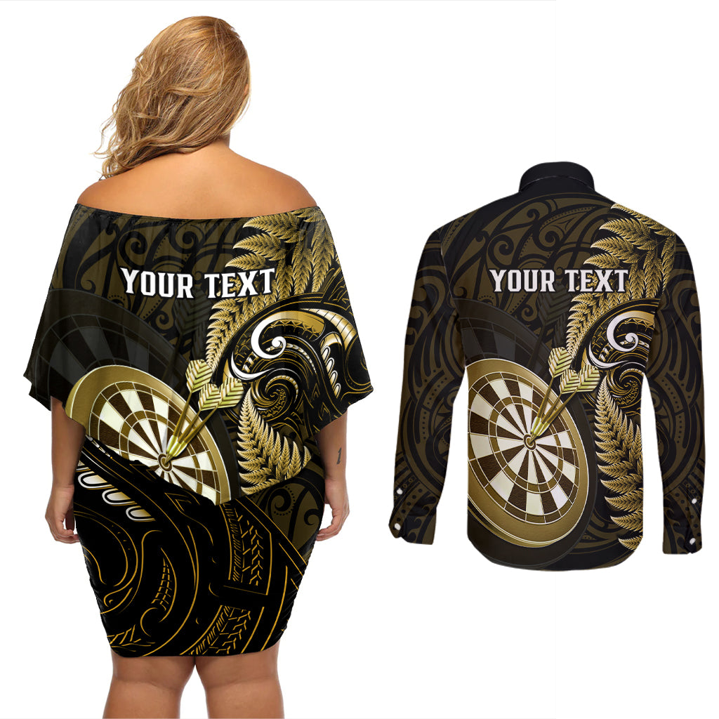 Personalised New Zealand Darts Couples Matching Off Shoulder Short Dress and Long Sleeve Button Shirts Happiness Is A Tight Threesome Maori Gold - Wonder Print Shop