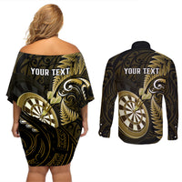 Personalised New Zealand Darts Couples Matching Off Shoulder Short Dress and Long Sleeve Button Shirts Happiness Is A Tight Threesome Maori Gold - Wonder Print Shop