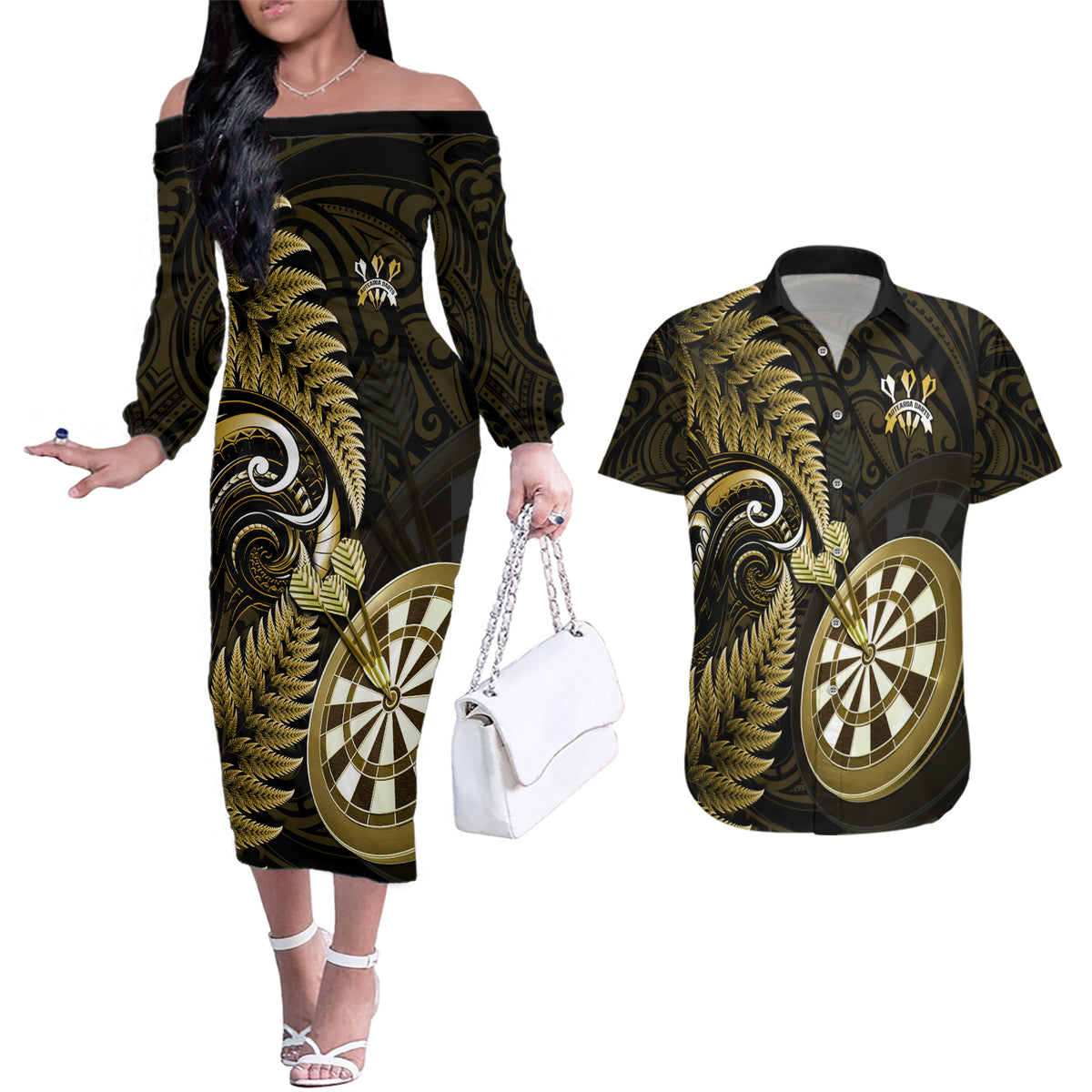 Personalised New Zealand Darts Couples Matching Off The Shoulder Long Sleeve Dress and Hawaiian Shirt Happiness Is A Tight Threesome Maori Gold - Wonder Print Shop