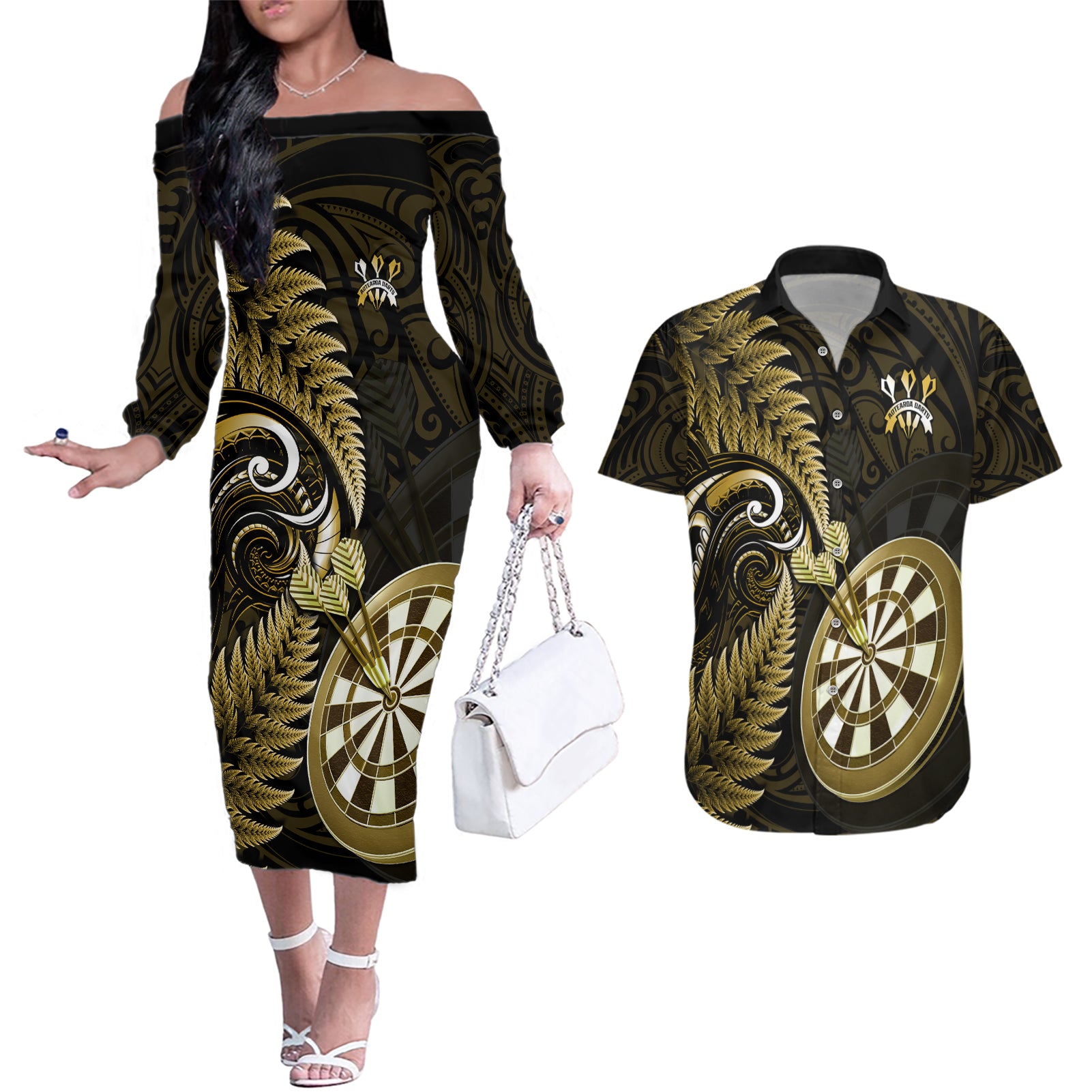 Personalised New Zealand Darts Couples Matching Off The Shoulder Long Sleeve Dress and Hawaiian Shirt Happiness Is A Tight Threesome Maori Gold - Wonder Print Shop