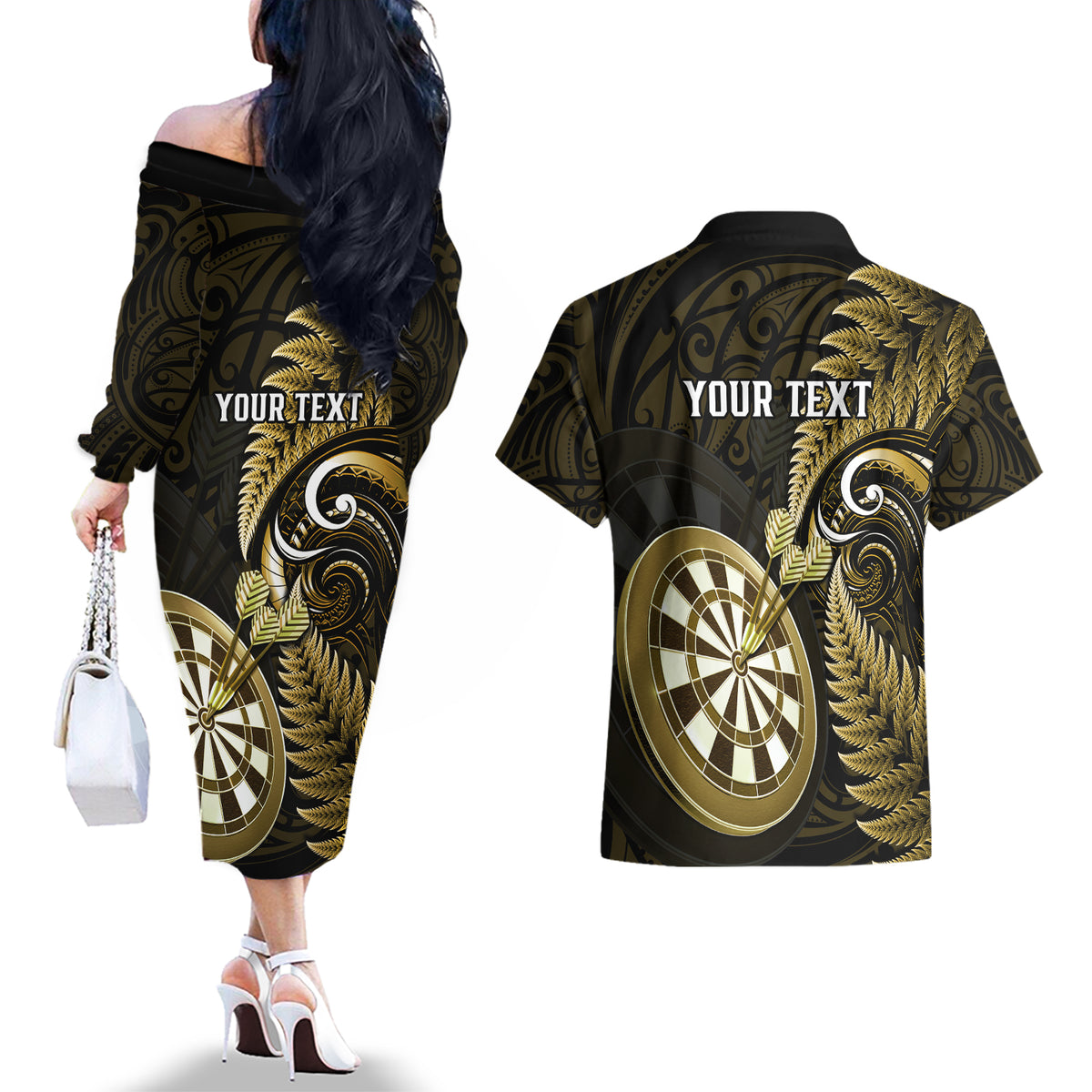 Personalised New Zealand Darts Couples Matching Off The Shoulder Long Sleeve Dress and Hawaiian Shirt Happiness Is A Tight Threesome Maori Gold - Wonder Print Shop