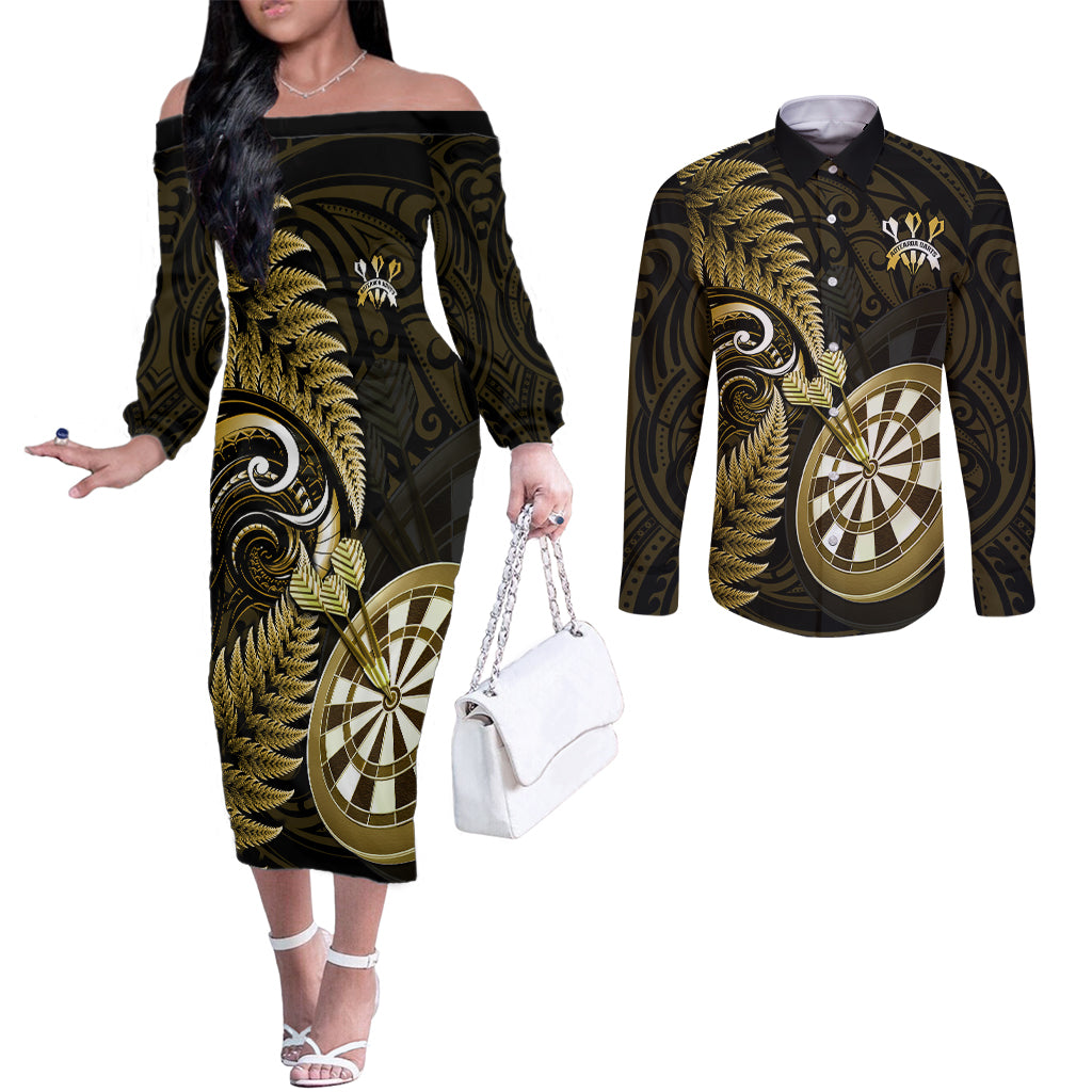 personalised-new-zealand-darts-couples-matching-off-the-shoulder-long-sleeve-dress-and-long-sleeve-button-shirts-happiness-is-a-tight-threesome-maori-gold