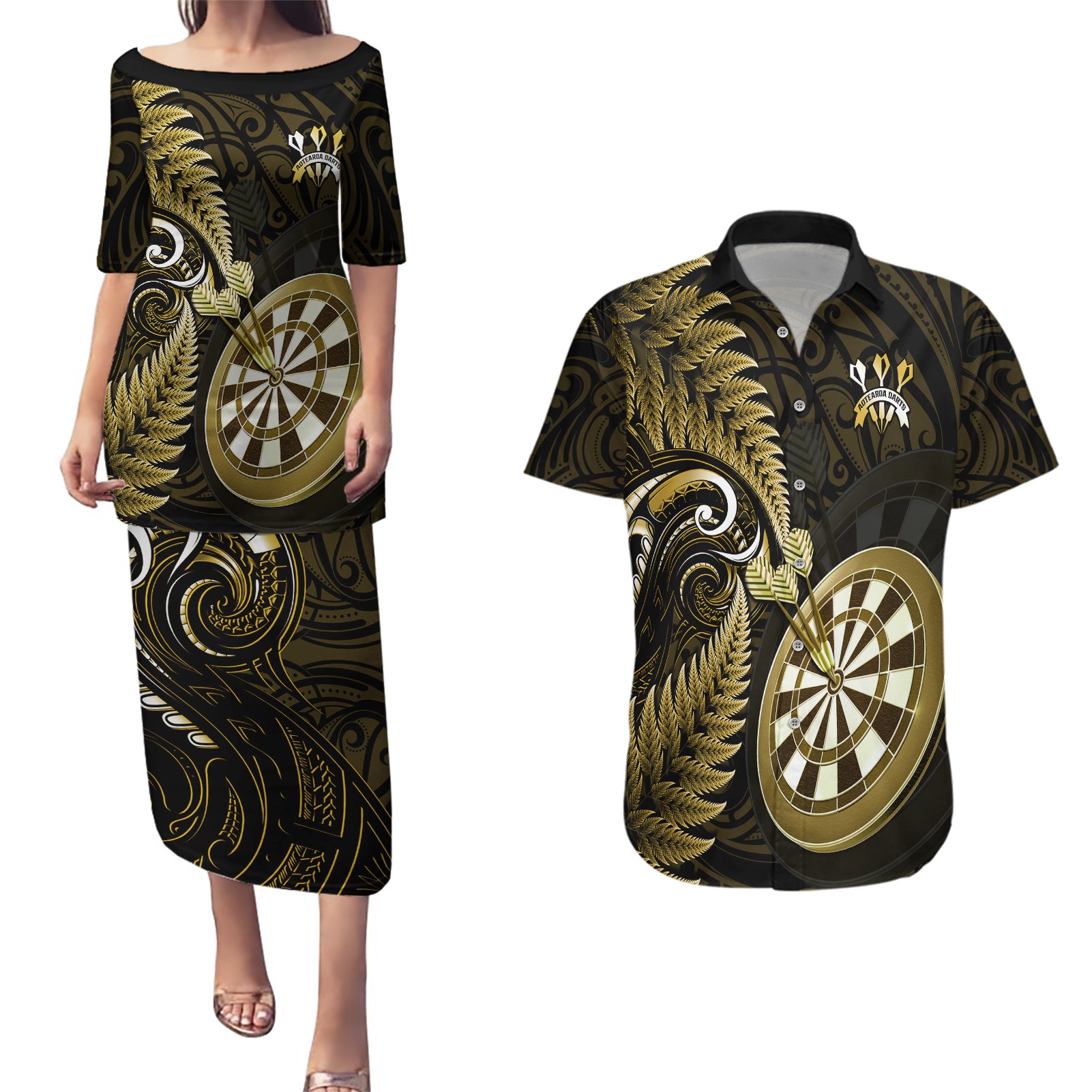 Personalised New Zealand Darts Couples Matching Puletasi Dress and Hawaiian Shirt Happiness Is A Tight Threesome Maori Gold - Wonder Print Shop