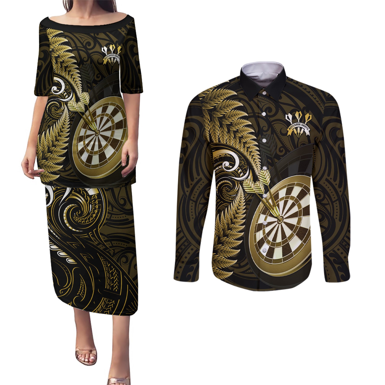 Personalised New Zealand Darts Couples Matching Puletasi Dress and Long Sleeve Button Shirts Happiness Is A Tight Threesome Maori Gold - Wonder Print Shop