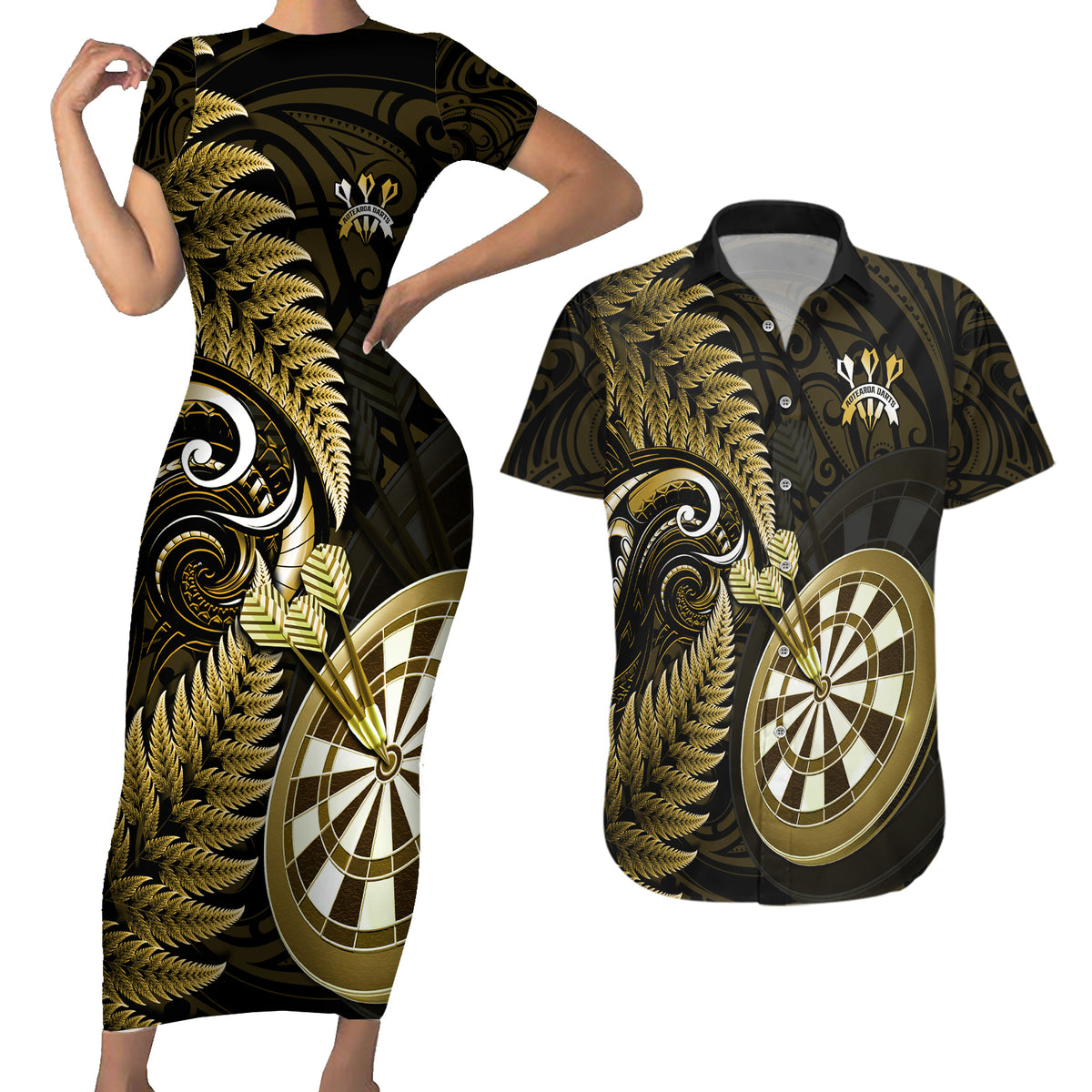 Personalised New Zealand Darts Couples Matching Short Sleeve Bodycon Dress and Hawaiian Shirt Happiness Is A Tight Threesome Maori Gold - Wonder Print Shop