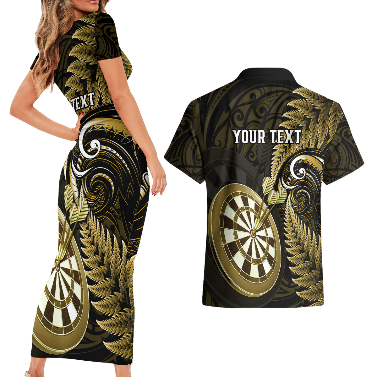 Personalised New Zealand Darts Couples Matching Short Sleeve Bodycon Dress and Hawaiian Shirt Happiness Is A Tight Threesome Maori Gold - Wonder Print Shop