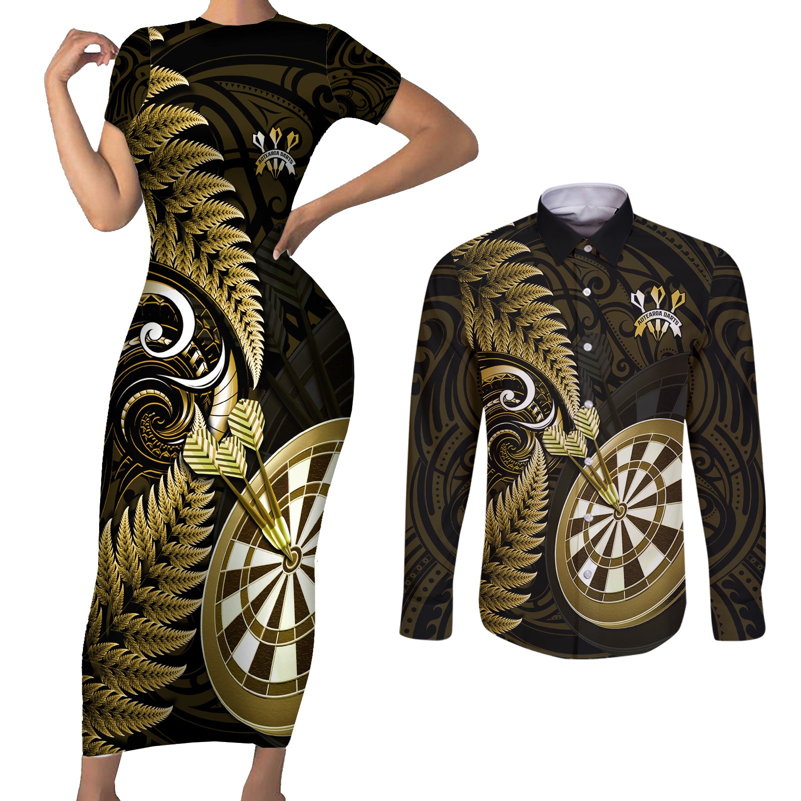 Personalised New Zealand Darts Couples Matching Short Sleeve Bodycon Dress and Long Sleeve Button Shirts Happiness Is A Tight Threesome Maori Gold - Wonder Print Shop