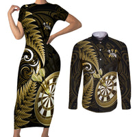 Personalised New Zealand Darts Couples Matching Short Sleeve Bodycon Dress and Long Sleeve Button Shirts Happiness Is A Tight Threesome Maori Gold - Wonder Print Shop