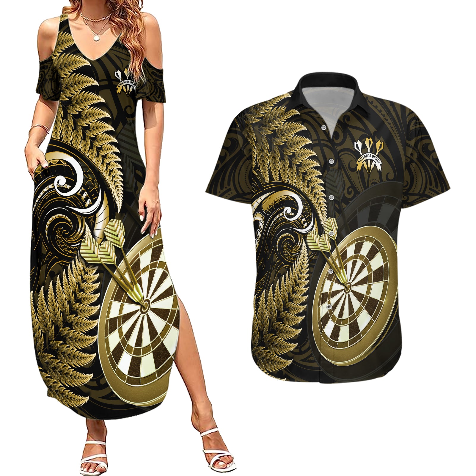 Personalised New Zealand Darts Couples Matching Summer Maxi Dress and Hawaiian Shirt Happiness Is A Tight Threesome Maori Gold - Wonder Print Shop