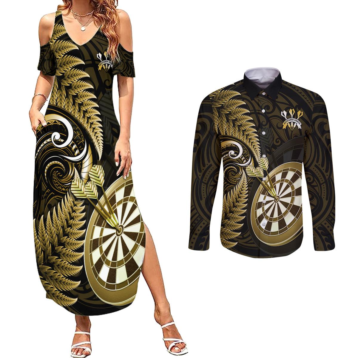 Personalised New Zealand Darts Couples Matching Summer Maxi Dress and Long Sleeve Button Shirts Happiness Is A Tight Threesome Maori Gold - Wonder Print Shop