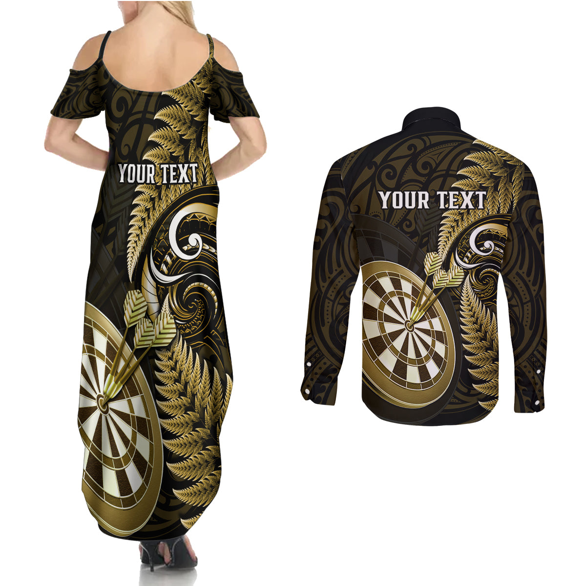 Personalised New Zealand Darts Couples Matching Summer Maxi Dress and Long Sleeve Button Shirts Happiness Is A Tight Threesome Maori Gold - Wonder Print Shop