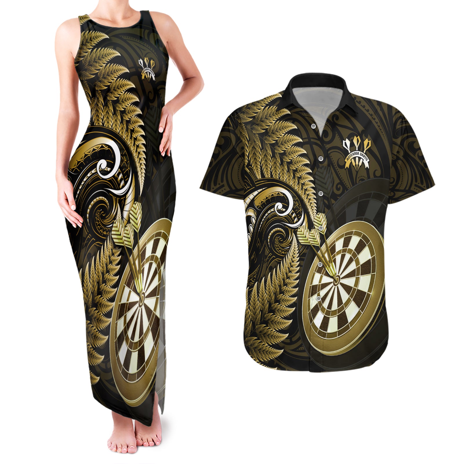 Personalised New Zealand Darts Couples Matching Tank Maxi Dress and Hawaiian Shirt Happiness Is A Tight Threesome Maori Gold - Wonder Print Shop