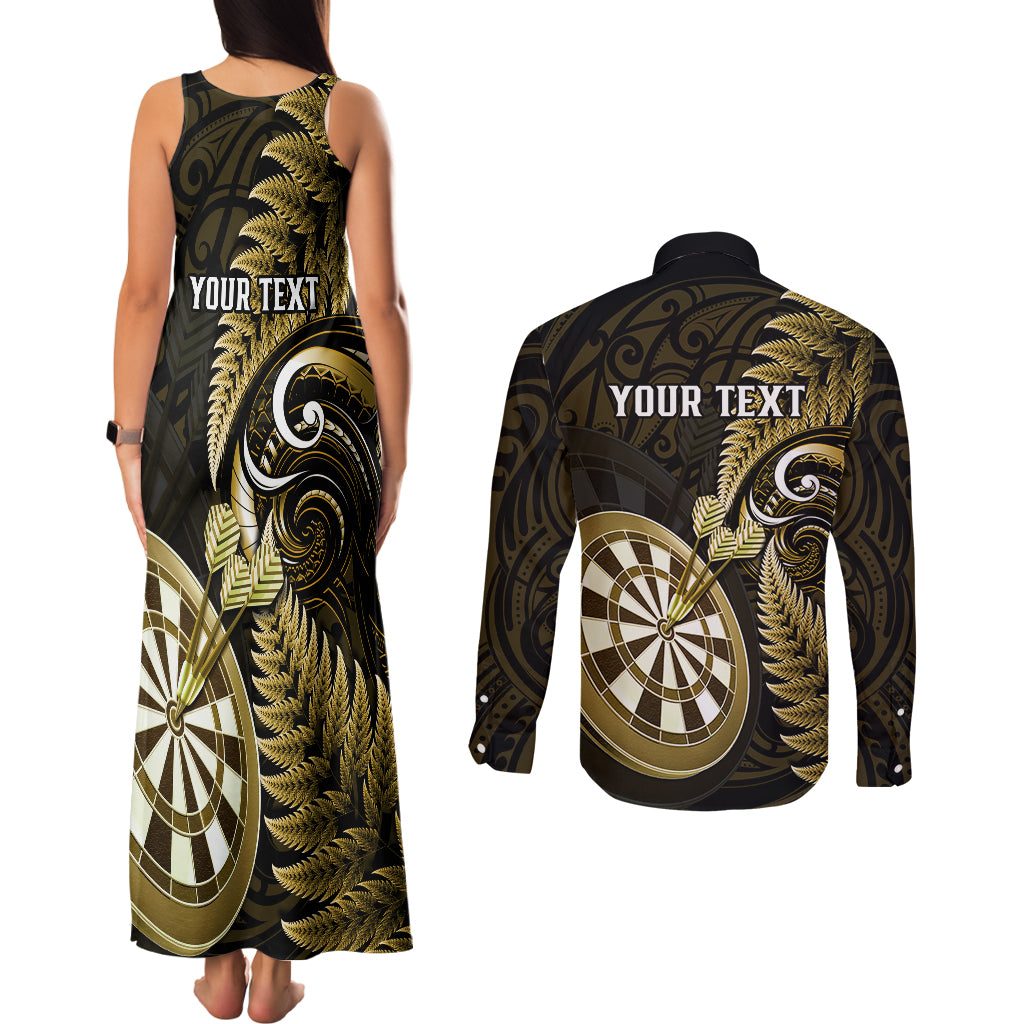 Personalised New Zealand Darts Couples Matching Tank Maxi Dress and Long Sleeve Button Shirts Happiness Is A Tight Threesome Maori Gold - Wonder Print Shop