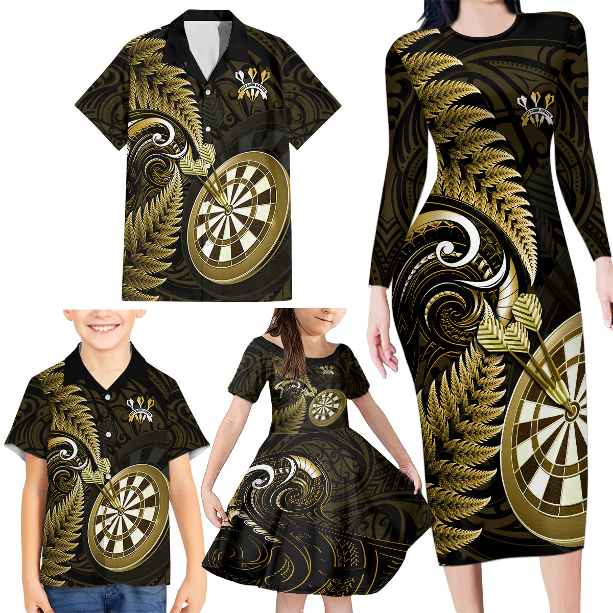 Personalised New Zealand Darts Family Matching Long Sleeve Bodycon Dress and Hawaiian Shirt Happiness Is A Tight Threesome Maori Gold - Wonder Print Shop