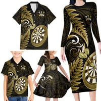 Personalised New Zealand Darts Family Matching Long Sleeve Bodycon Dress and Hawaiian Shirt Happiness Is A Tight Threesome Maori Gold - Wonder Print Shop
