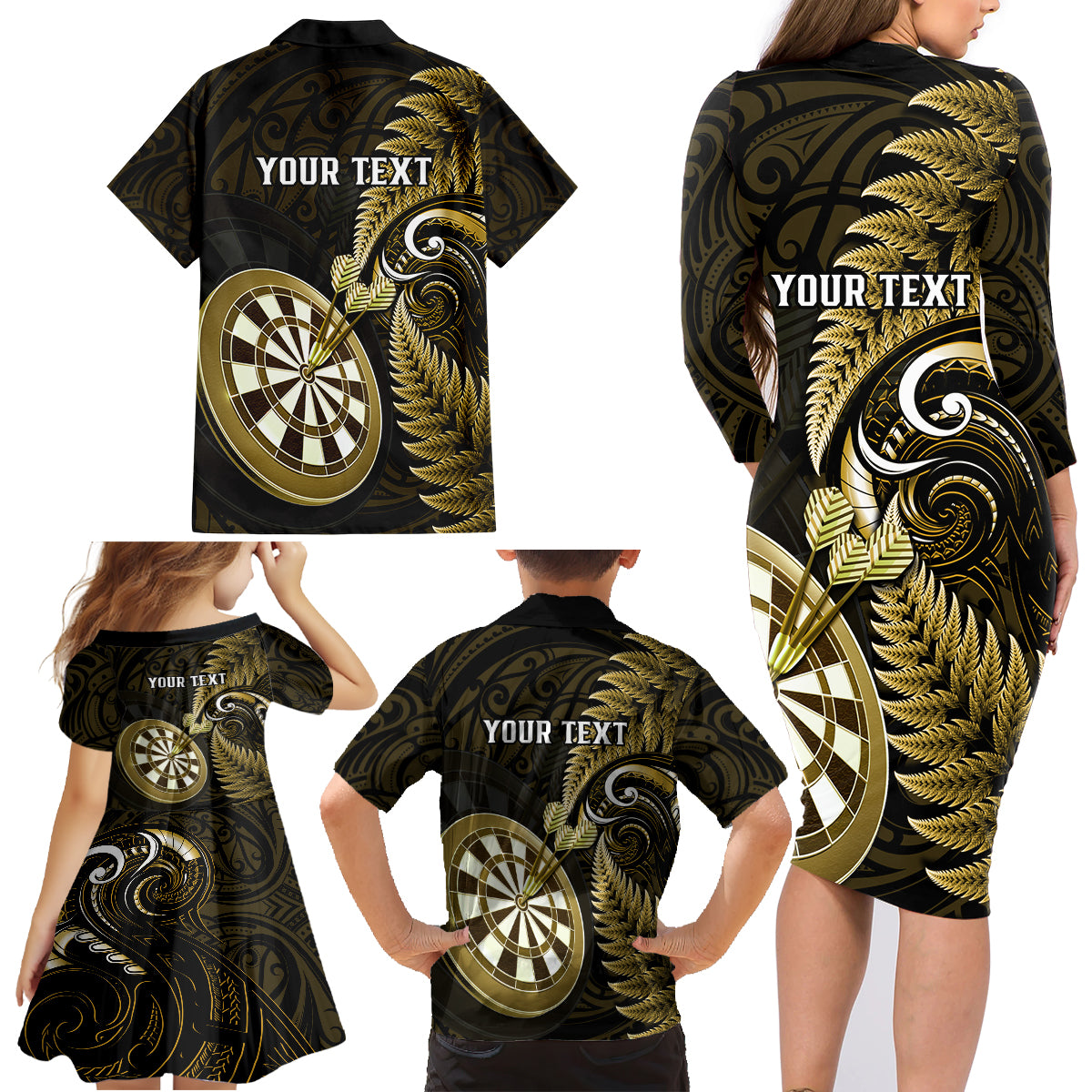 Personalised New Zealand Darts Family Matching Long Sleeve Bodycon Dress and Hawaiian Shirt Happiness Is A Tight Threesome Maori Gold - Wonder Print Shop
