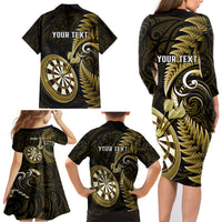 Personalised New Zealand Darts Family Matching Long Sleeve Bodycon Dress and Hawaiian Shirt Happiness Is A Tight Threesome Maori Gold - Wonder Print Shop