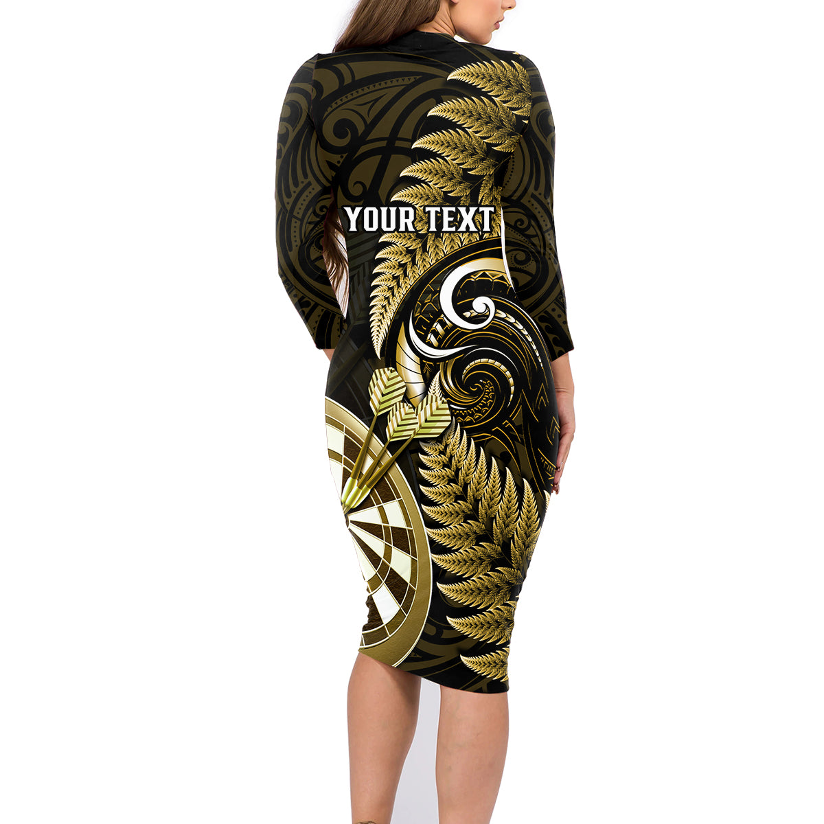 Personalised New Zealand Darts Family Matching Long Sleeve Bodycon Dress and Hawaiian Shirt Happiness Is A Tight Threesome Maori Gold - Wonder Print Shop