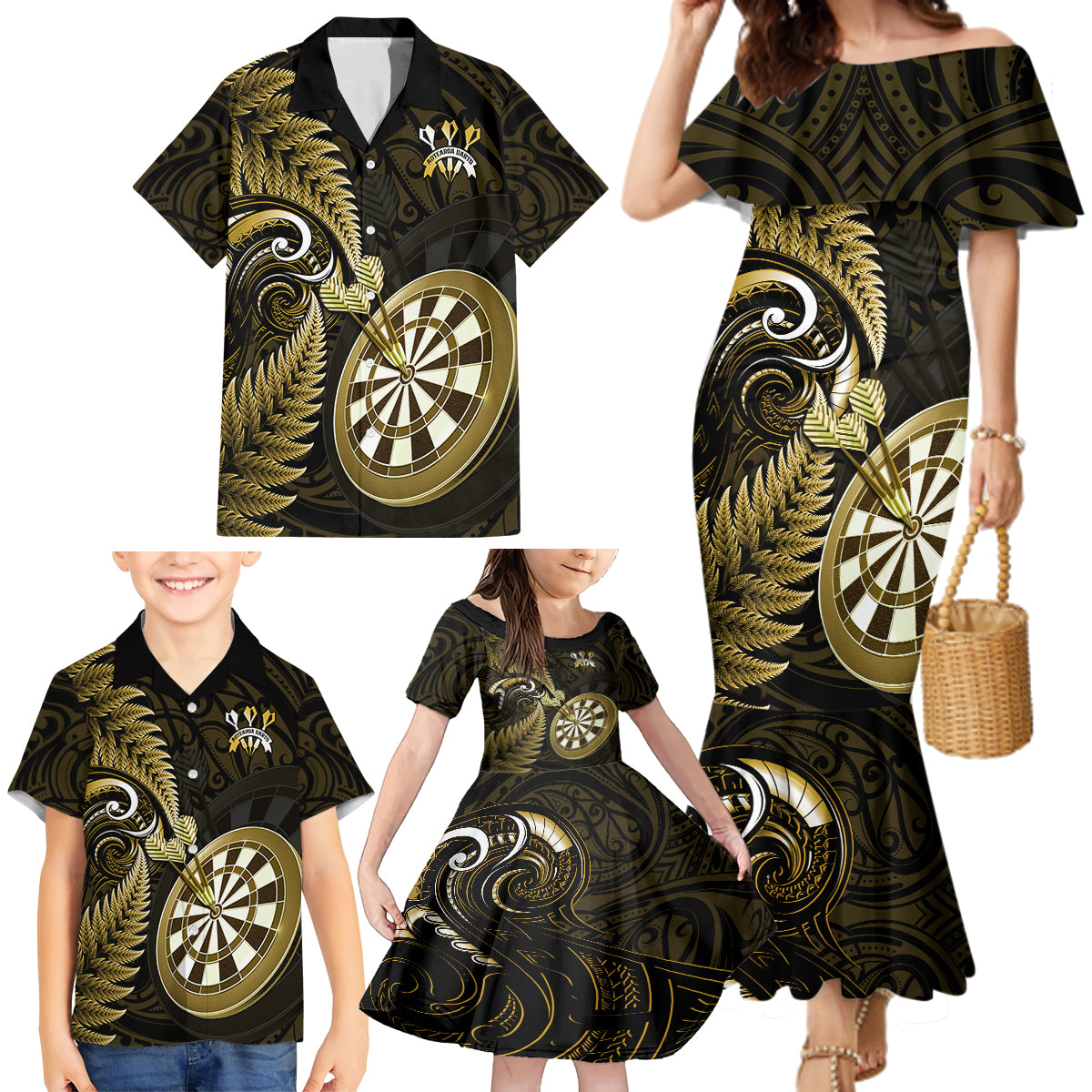 Personalised New Zealand Darts Family Matching Mermaid Dress and Hawaiian Shirt Happiness Is A Tight Threesome Maori Gold - Wonder Print Shop