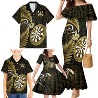 Personalised New Zealand Darts Family Matching Mermaid Dress and Hawaiian Shirt Happiness Is A Tight Threesome Maori Gold - Wonder Print Shop