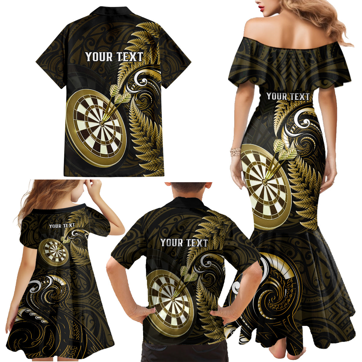 Personalised New Zealand Darts Family Matching Mermaid Dress and Hawaiian Shirt Happiness Is A Tight Threesome Maori Gold - Wonder Print Shop