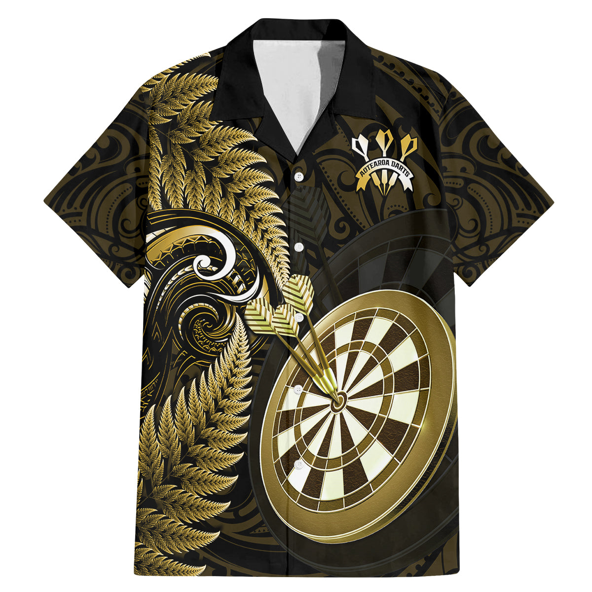 Personalised New Zealand Darts Family Matching Mermaid Dress and Hawaiian Shirt Happiness Is A Tight Threesome Maori Gold - Wonder Print Shop