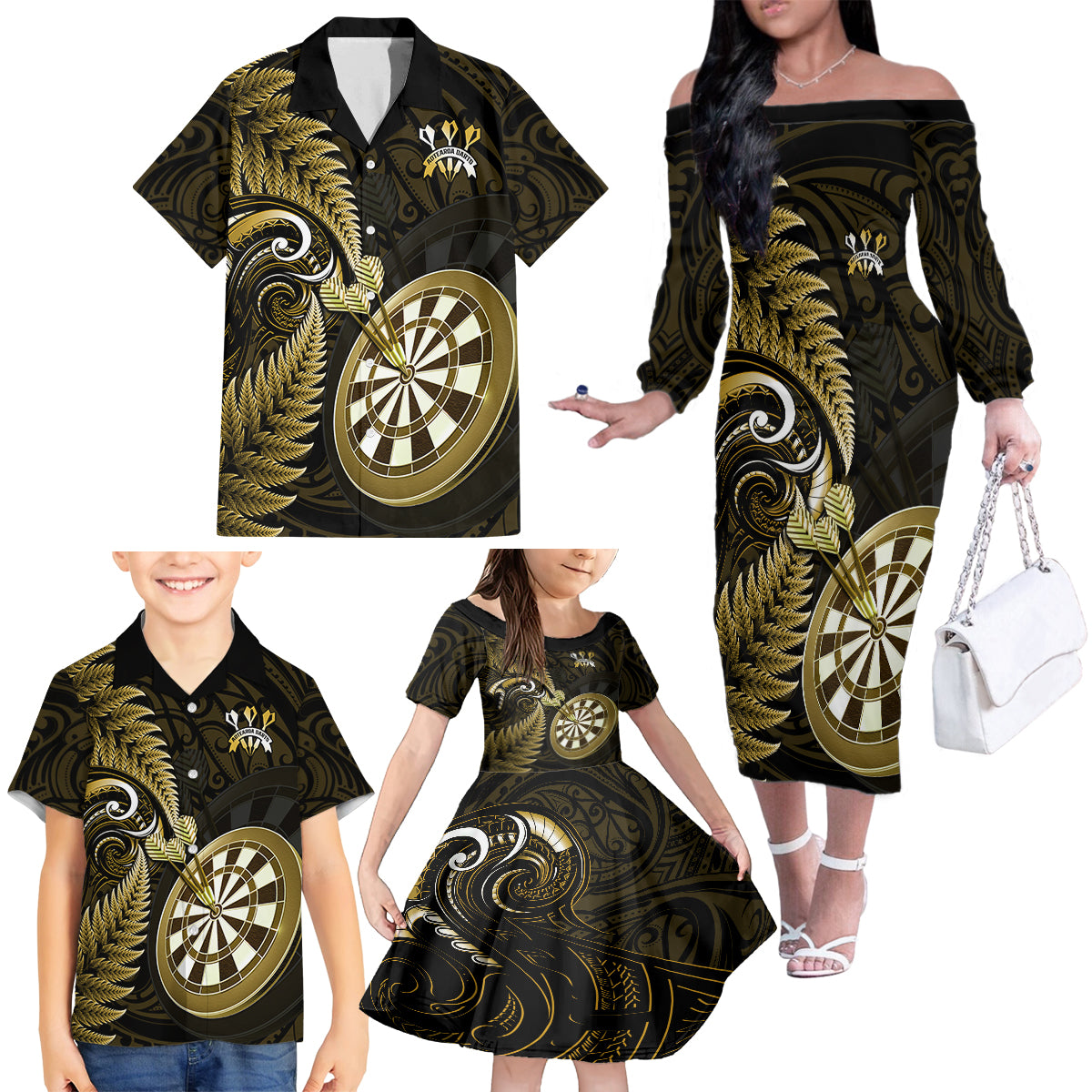 Personalised New Zealand Darts Family Matching Off Shoulder Long Sleeve Dress and Hawaiian Shirt Happiness Is A Tight Threesome Maori Gold - Wonder Print Shop