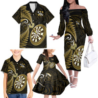 Personalised New Zealand Darts Family Matching Off Shoulder Long Sleeve Dress and Hawaiian Shirt Happiness Is A Tight Threesome Maori Gold - Wonder Print Shop