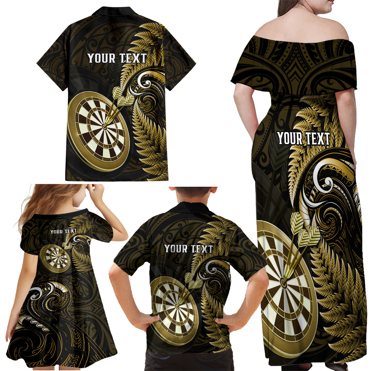 Personalised New Zealand Darts Family Matching Off Shoulder Long Sleeve Dress and Hawaiian Shirt Happiness Is A Tight Threesome Maori Gold - Wonder Print Shop