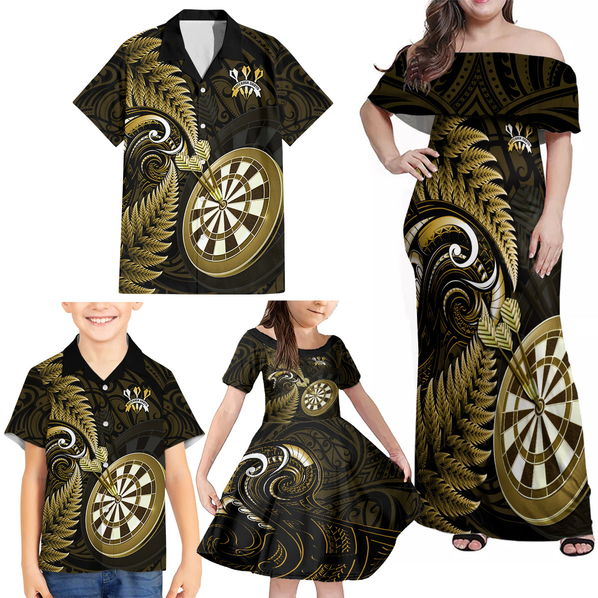 Personalised New Zealand Darts Family Matching Off Shoulder Maxi Dress and Hawaiian Shirt Happiness Is A Tight Threesome Maori Gold - Wonder Print Shop