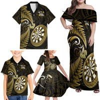 Personalised New Zealand Darts Family Matching Off Shoulder Maxi Dress and Hawaiian Shirt Happiness Is A Tight Threesome Maori Gold - Wonder Print Shop