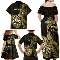 Personalised New Zealand Darts Family Matching Off Shoulder Maxi Dress and Hawaiian Shirt Happiness Is A Tight Threesome Maori Gold - Wonder Print Shop