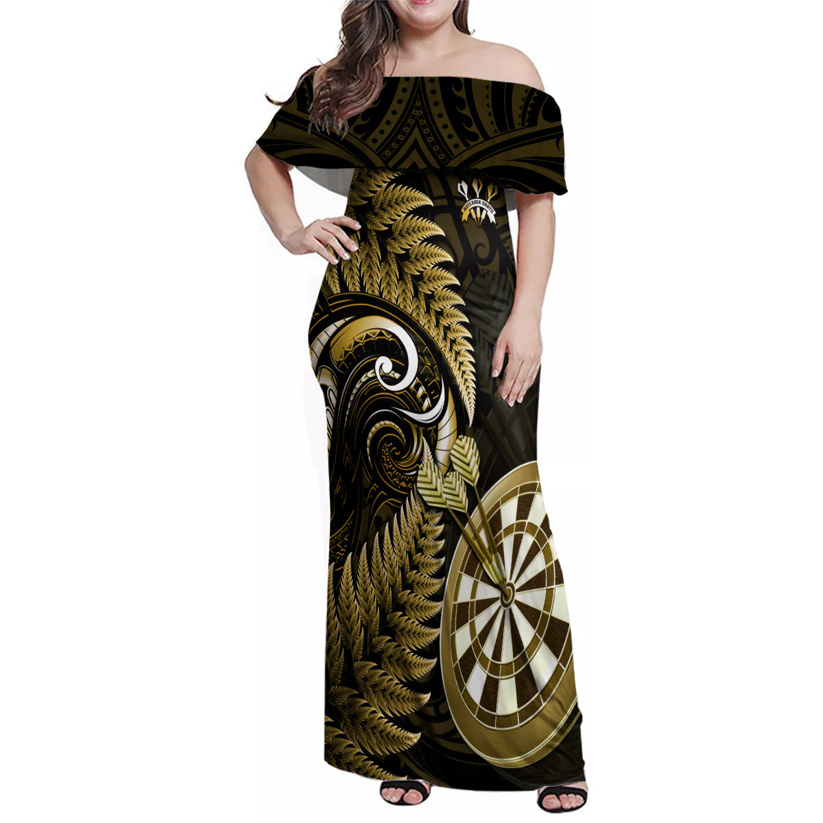 Personalised New Zealand Darts Family Matching Off Shoulder Maxi Dress and Hawaiian Shirt Happiness Is A Tight Threesome Maori Gold - Wonder Print Shop