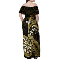 Personalised New Zealand Darts Family Matching Off Shoulder Maxi Dress and Hawaiian Shirt Happiness Is A Tight Threesome Maori Gold - Wonder Print Shop