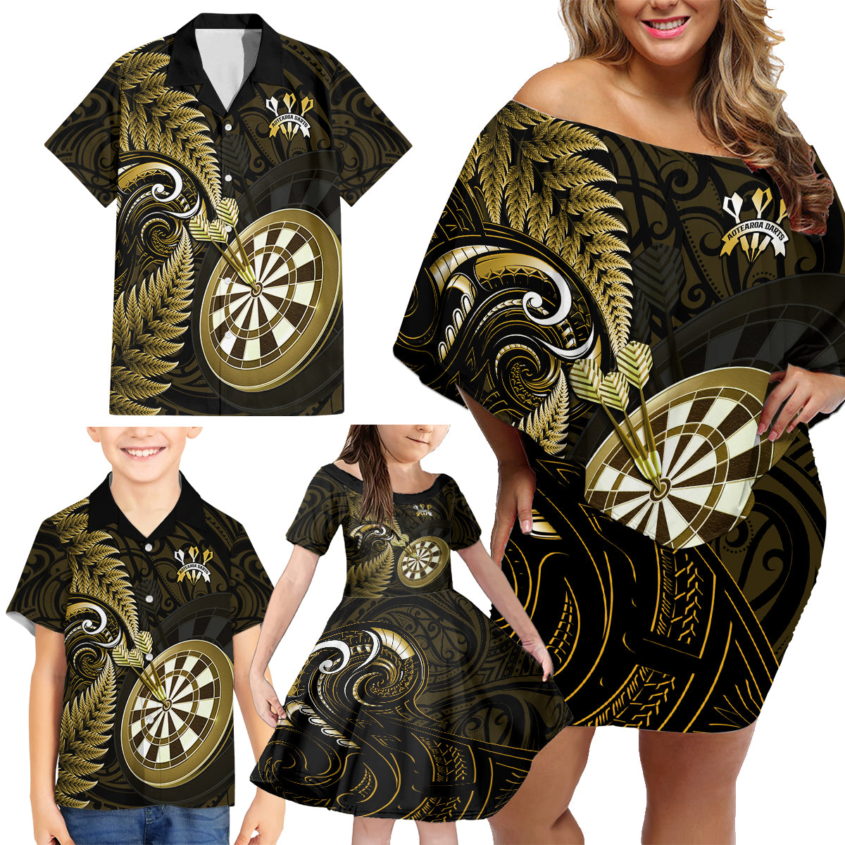 Personalised New Zealand Darts Family Matching Off Shoulder Short Dress and Hawaiian Shirt Happiness Is A Tight Threesome Maori Gold - Wonder Print Shop