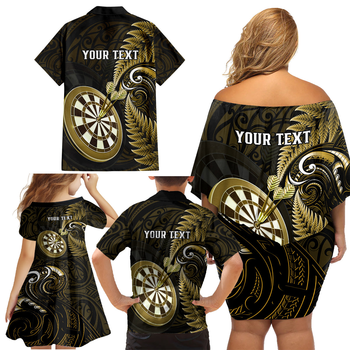 Personalised New Zealand Darts Family Matching Off Shoulder Short Dress and Hawaiian Shirt Happiness Is A Tight Threesome Maori Gold - Wonder Print Shop