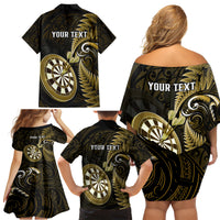 Personalised New Zealand Darts Family Matching Off Shoulder Short Dress and Hawaiian Shirt Happiness Is A Tight Threesome Maori Gold - Wonder Print Shop