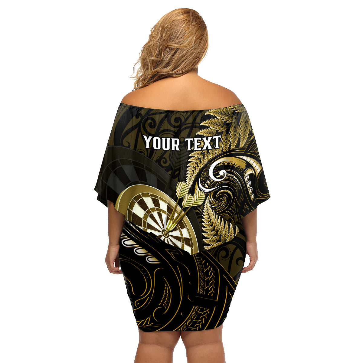 Personalised New Zealand Darts Family Matching Off Shoulder Short Dress and Hawaiian Shirt Happiness Is A Tight Threesome Maori Gold - Wonder Print Shop