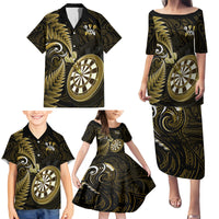 Personalised New Zealand Darts Family Matching Puletasi Dress and Hawaiian Shirt Happiness Is A Tight Threesome Maori Gold - Wonder Print Shop