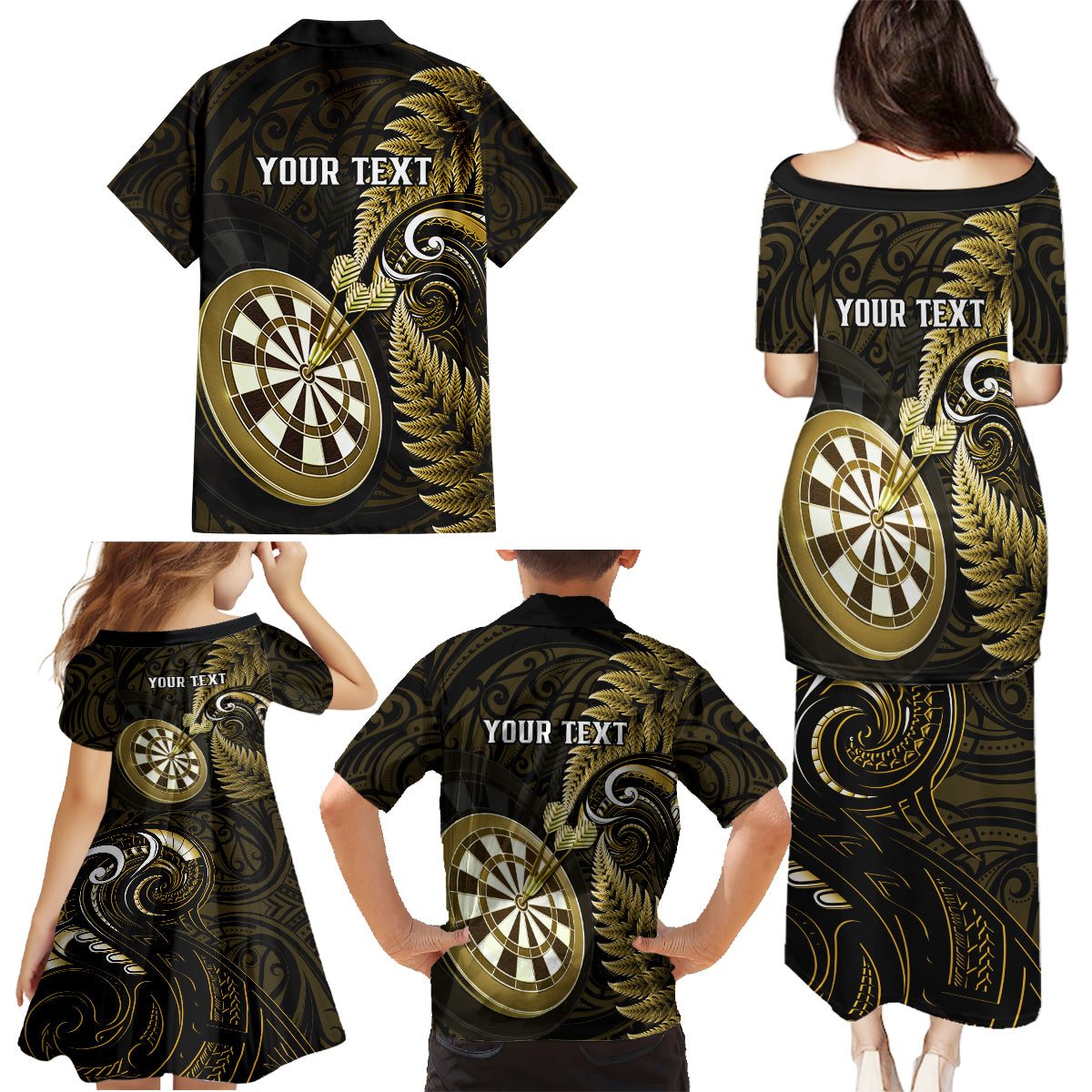 Personalised New Zealand Darts Family Matching Puletasi Dress and Hawaiian Shirt Happiness Is A Tight Threesome Maori Gold - Wonder Print Shop