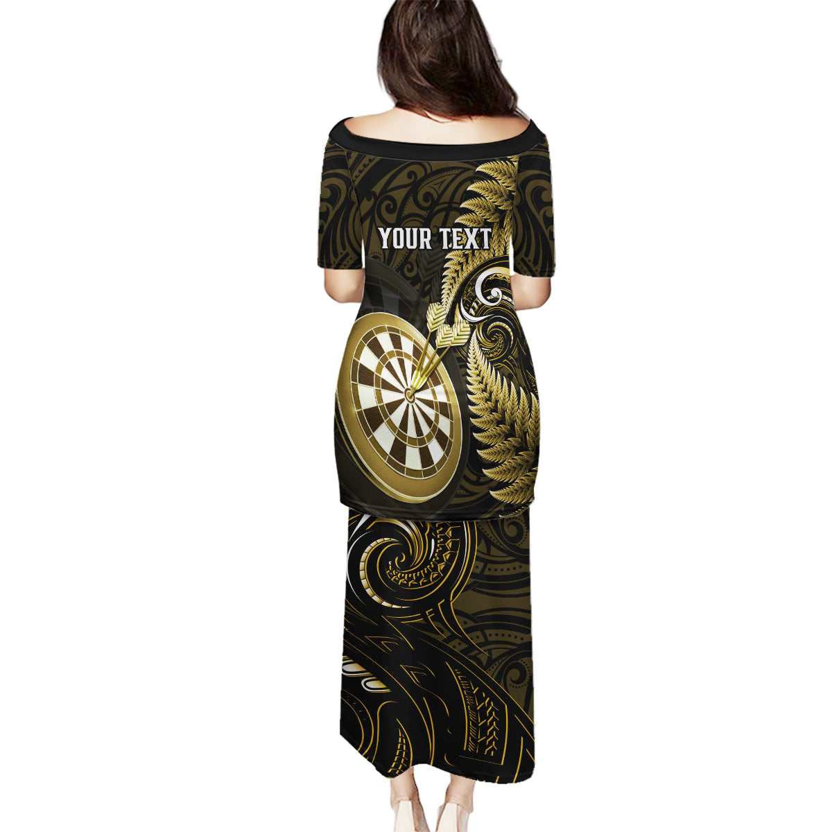 Personalised New Zealand Darts Family Matching Puletasi Dress and Hawaiian Shirt Happiness Is A Tight Threesome Maori Gold - Wonder Print Shop
