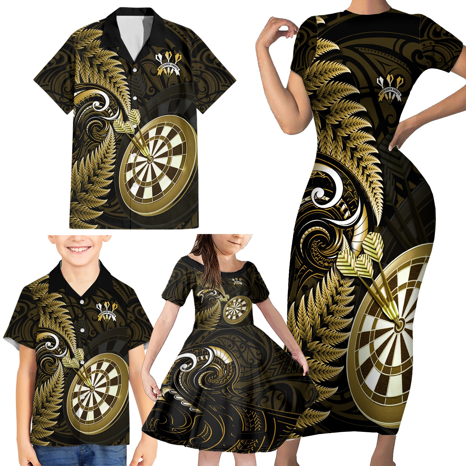 Personalised New Zealand Darts Family Matching Short Sleeve Bodycon Dress and Hawaiian Shirt Happiness Is A Tight Threesome Maori Gold - Wonder Print Shop