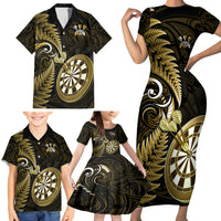 Personalised New Zealand Darts Family Matching Short Sleeve Bodycon Dress and Hawaiian Shirt Happiness Is A Tight Threesome Maori Gold - Wonder Print Shop