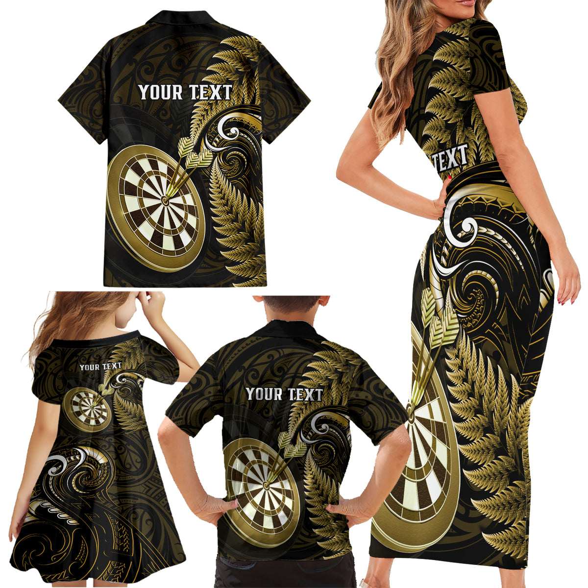 Personalised New Zealand Darts Family Matching Short Sleeve Bodycon Dress and Hawaiian Shirt Happiness Is A Tight Threesome Maori Gold - Wonder Print Shop
