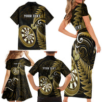 Personalised New Zealand Darts Family Matching Short Sleeve Bodycon Dress and Hawaiian Shirt Happiness Is A Tight Threesome Maori Gold - Wonder Print Shop