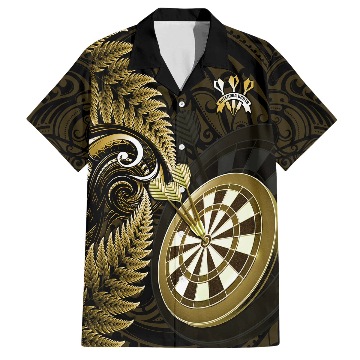 Personalised New Zealand Darts Family Matching Short Sleeve Bodycon Dress and Hawaiian Shirt Happiness Is A Tight Threesome Maori Gold - Wonder Print Shop
