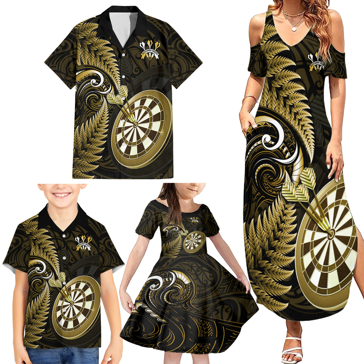 Personalised New Zealand Darts Family Matching Summer Maxi Dress and Hawaiian Shirt Happiness Is A Tight Threesome Maori Gold - Wonder Print Shop